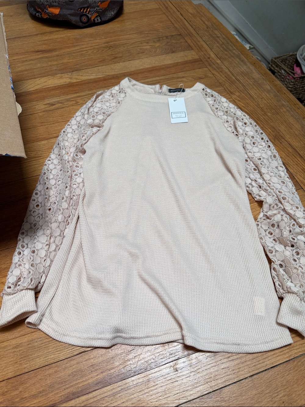 Beige  Lace Sleeve Waffle Knit Top